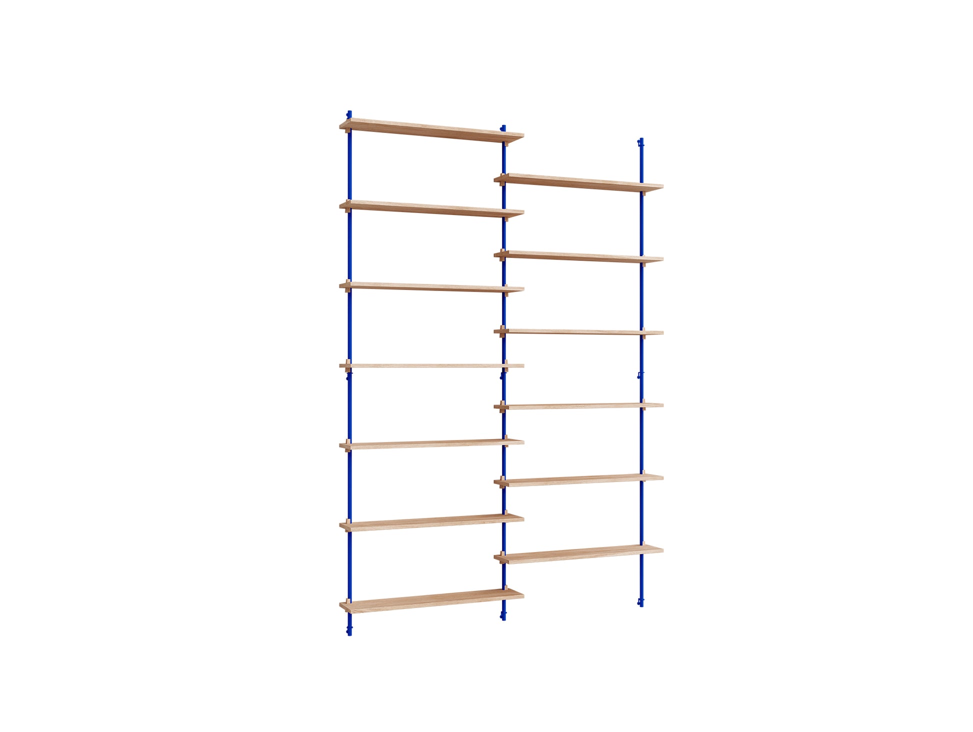 Wall Shelving System Sets (230 cm) by Moebe - WS.230.2 / Deep Blue Uprights / Oiled Oak