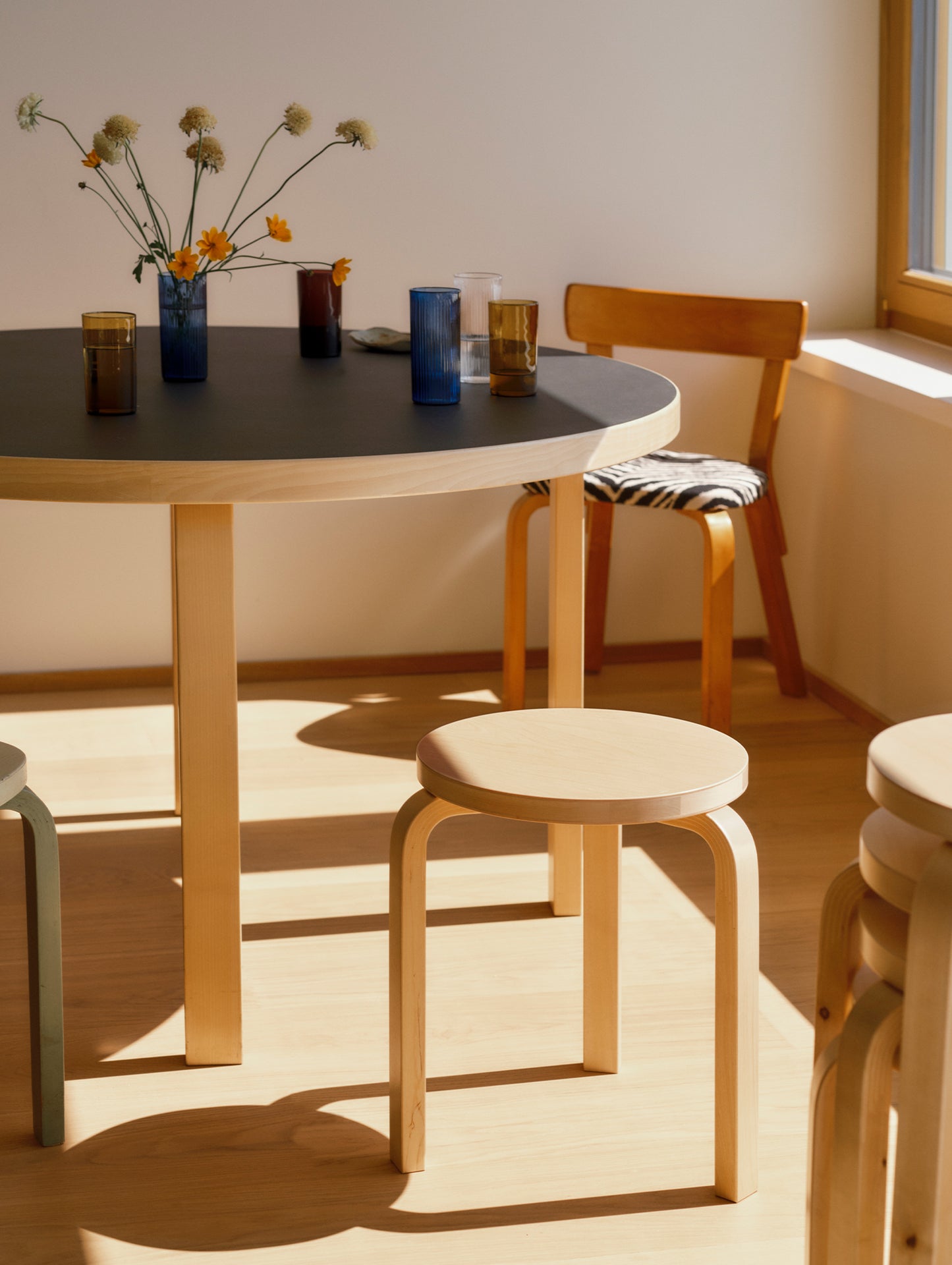 Aalto Table Round 90A by Artek - Black Linoleum Top / Natural Lacquered Birch Legs