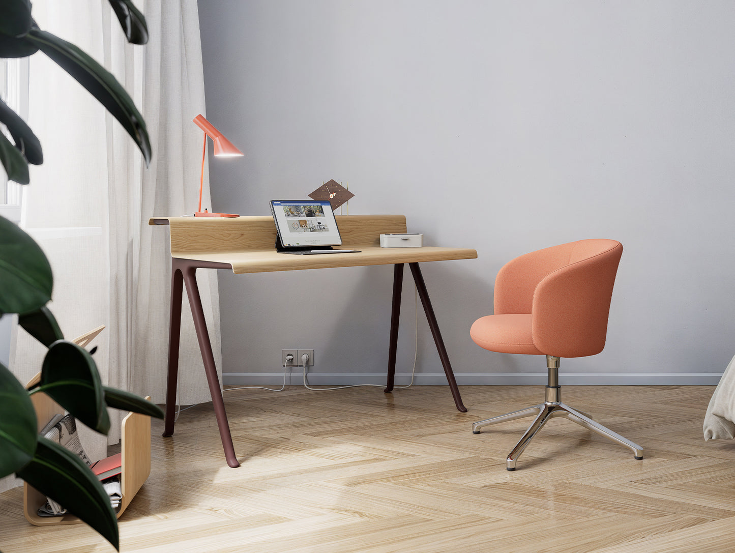 Courier Desk by Vitra - Light Oak Veneer / Dark Bordeaux Aluminium Base