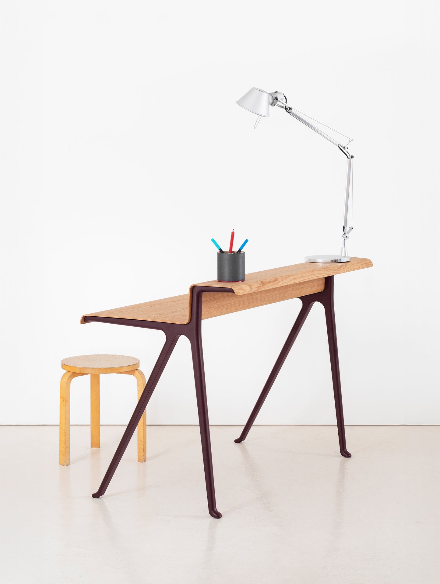 Courier Desk by Vitra - Light Oak Veneer Tabletop / Dark Bordeaux Aluminium Base