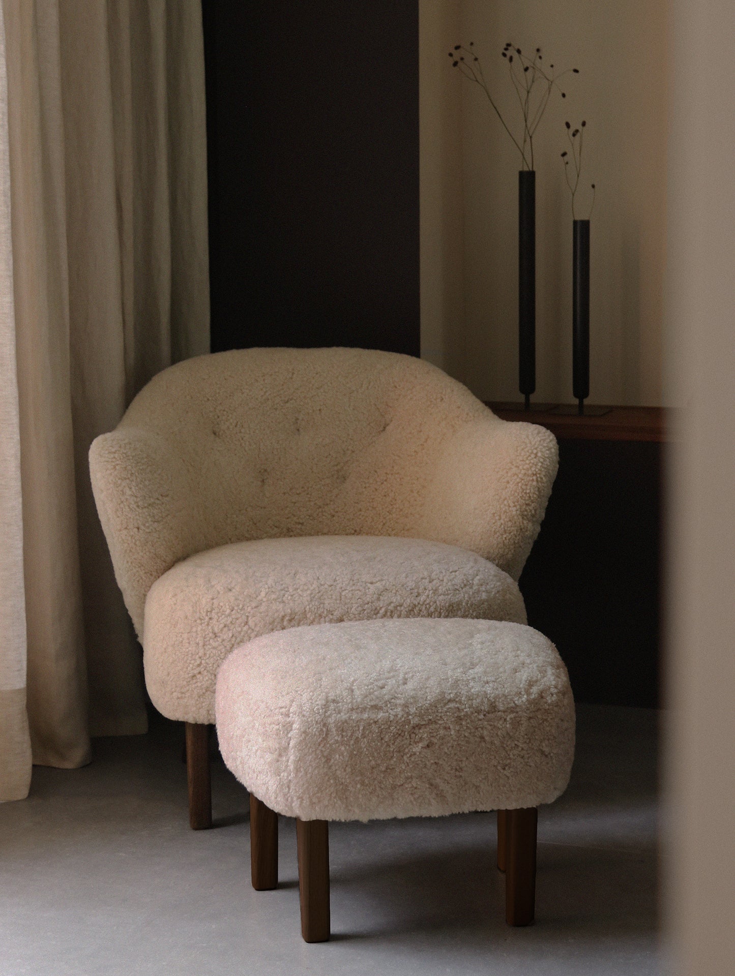 Ingeborg Lounge Chair and Ottoman / Sheepskin Moonlight / Dark Stained Oak / Ex-Display