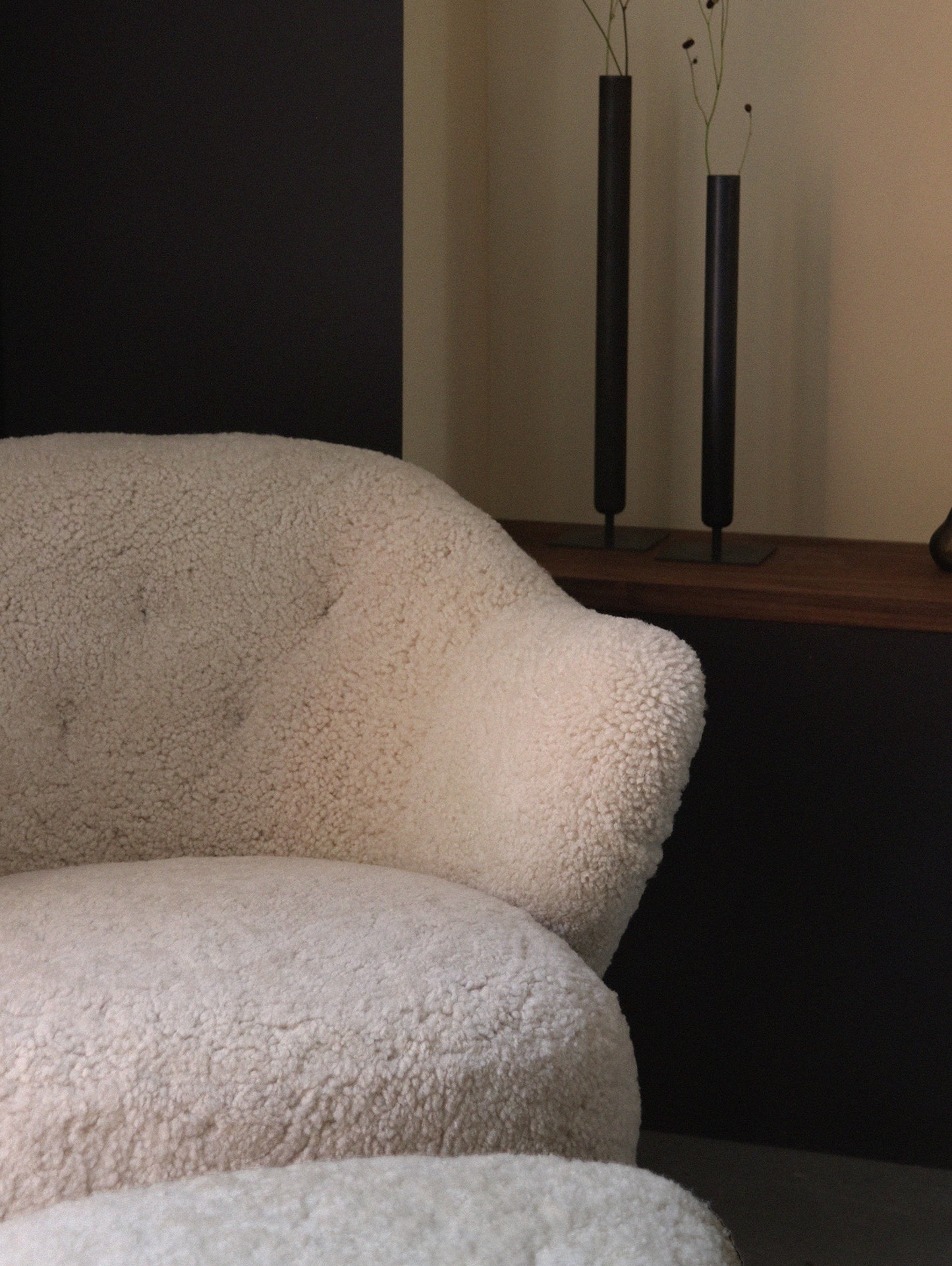 Ingeborg Lounge Chair and Ottoman / Sheepskin Moonlight / Dark Stained Oak / Ex-Display
