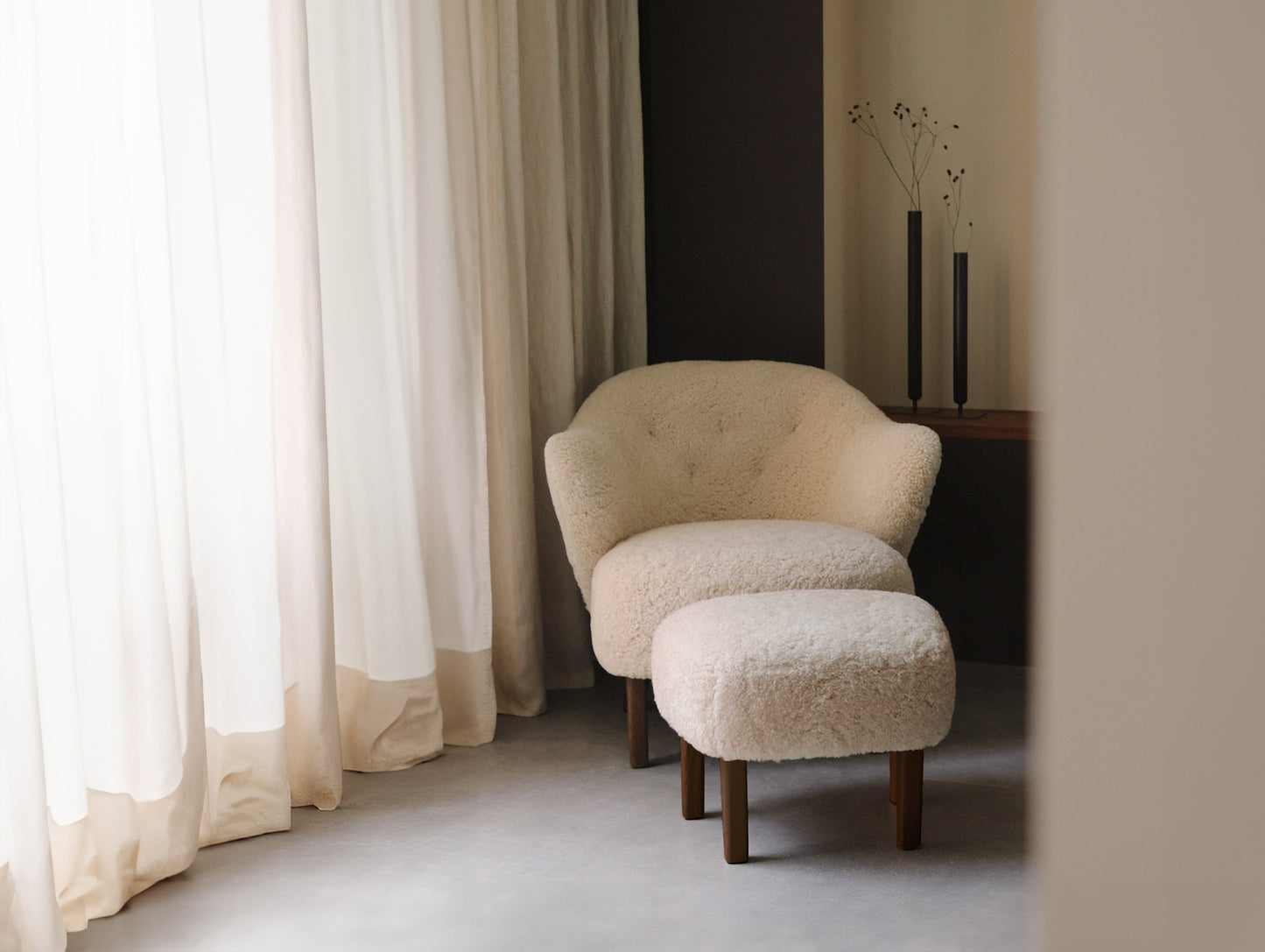 Ingeborg Lounge Chair and Ottoman / Sheepskin Moonlight / Dark Stained Oak / Ex-Display