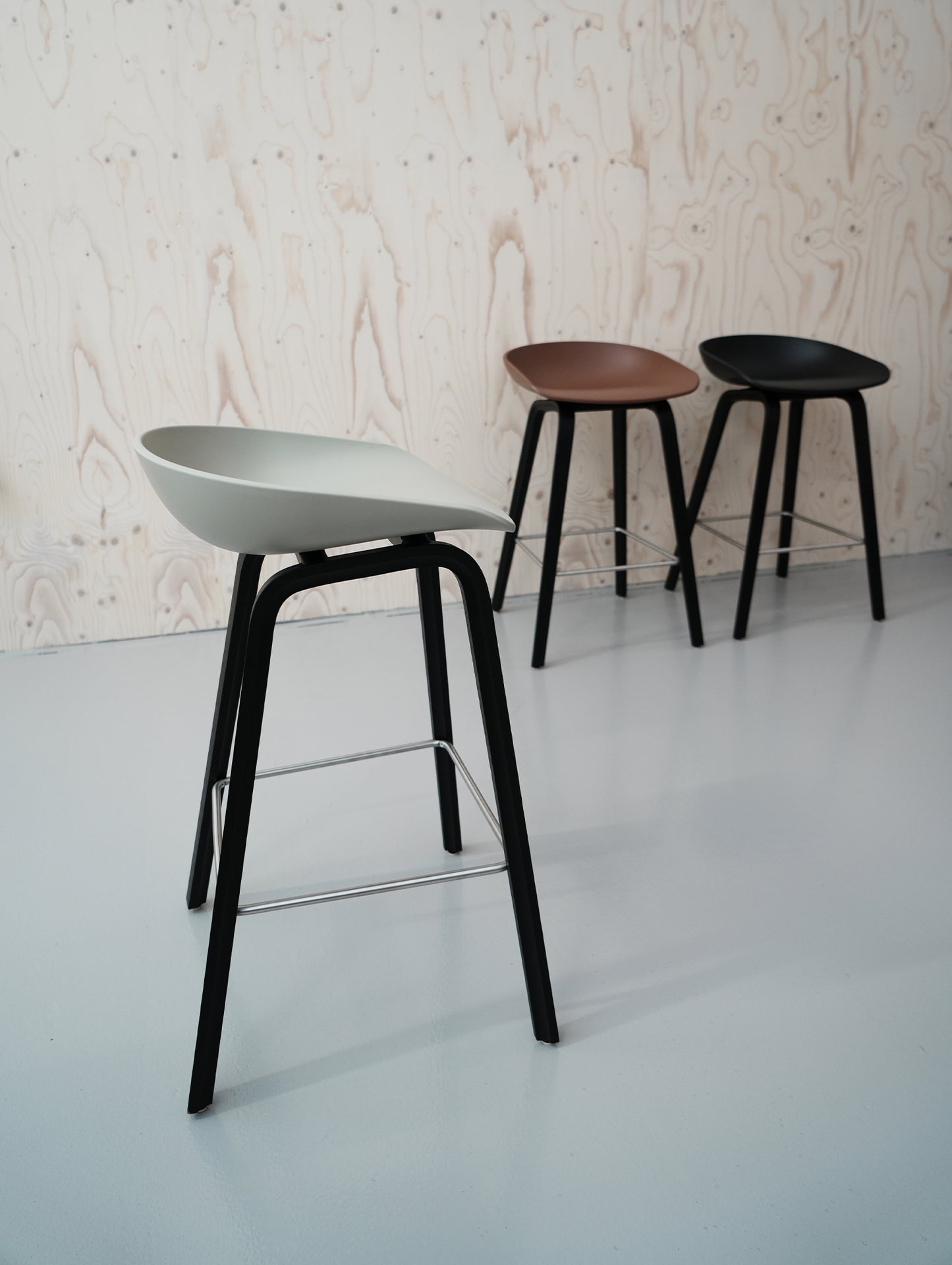 HAY About A Stool AAS 32 / Set of 3 / 65 cm Seat Height / Black Oak Base / Brick, Black and Concrete Grey Seats / Open Box