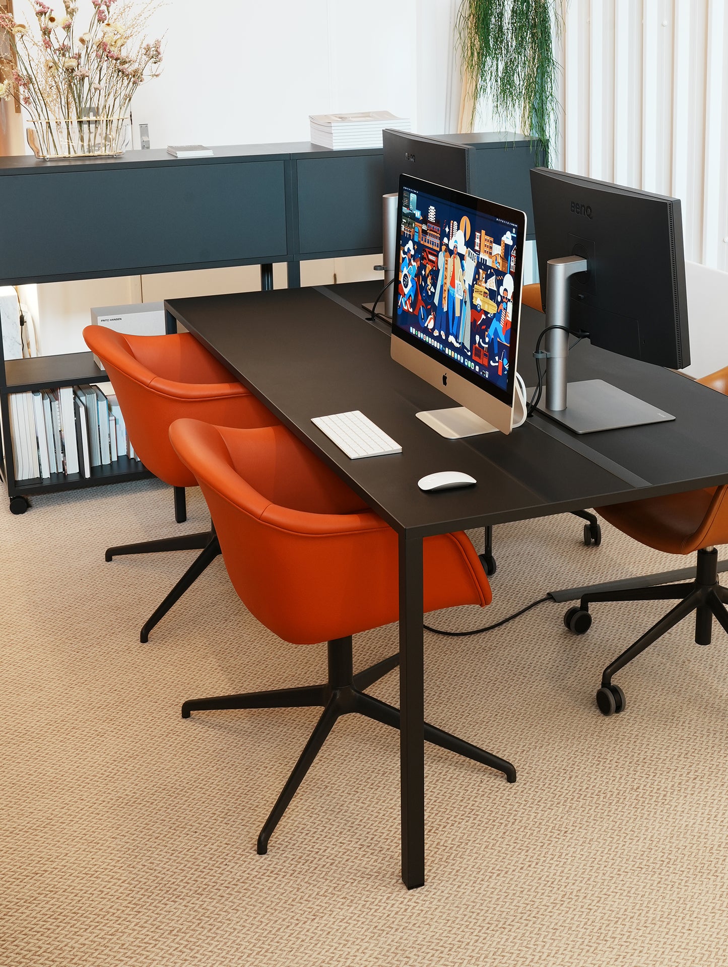 Muuto Fiber Soft Armchair / Anthracite Swivel Base / Easy Leather / Redorange 245 by Muuto