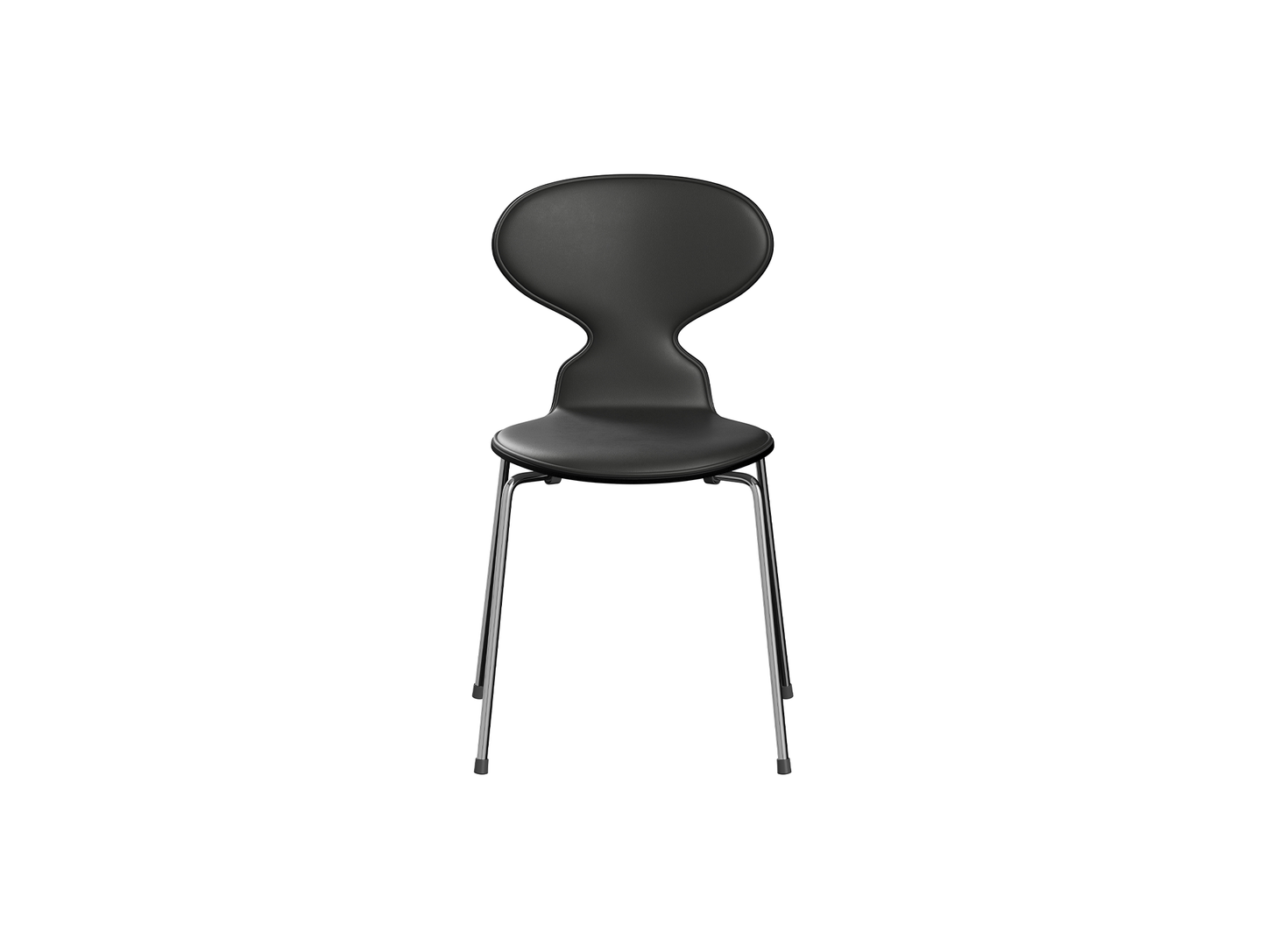 Ant Chair Front Upholstered - 4 Legs by Fritz Hansen - Chromed Steel / Black Lacquered Shell / Black Essential Leather