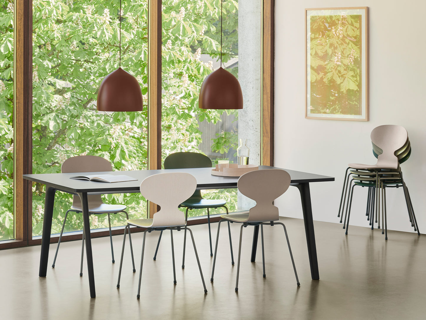 Ant Chair 4 Legs by Fritz Hansen - Lacquered Veneer Shell / Chromed Steel Base / Deep Clay, Light Beige, Evergreen