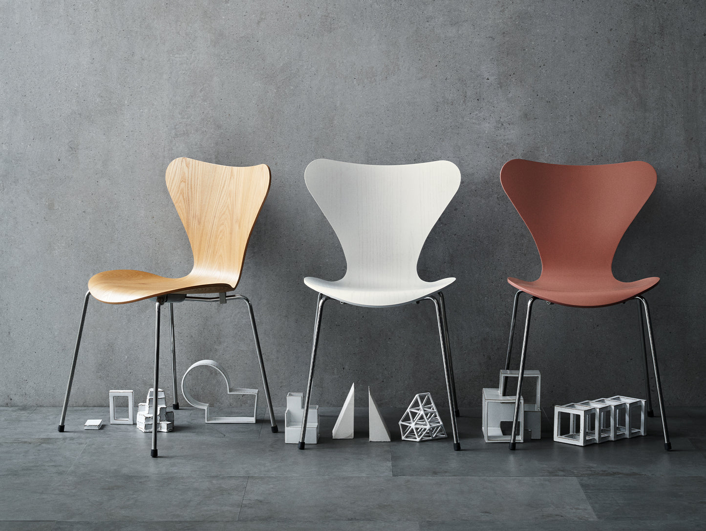 Series 7™ 3107 Dining Chair by Fritz Hansen - White Coloured Ash Veneer Shell / Chromed Steel