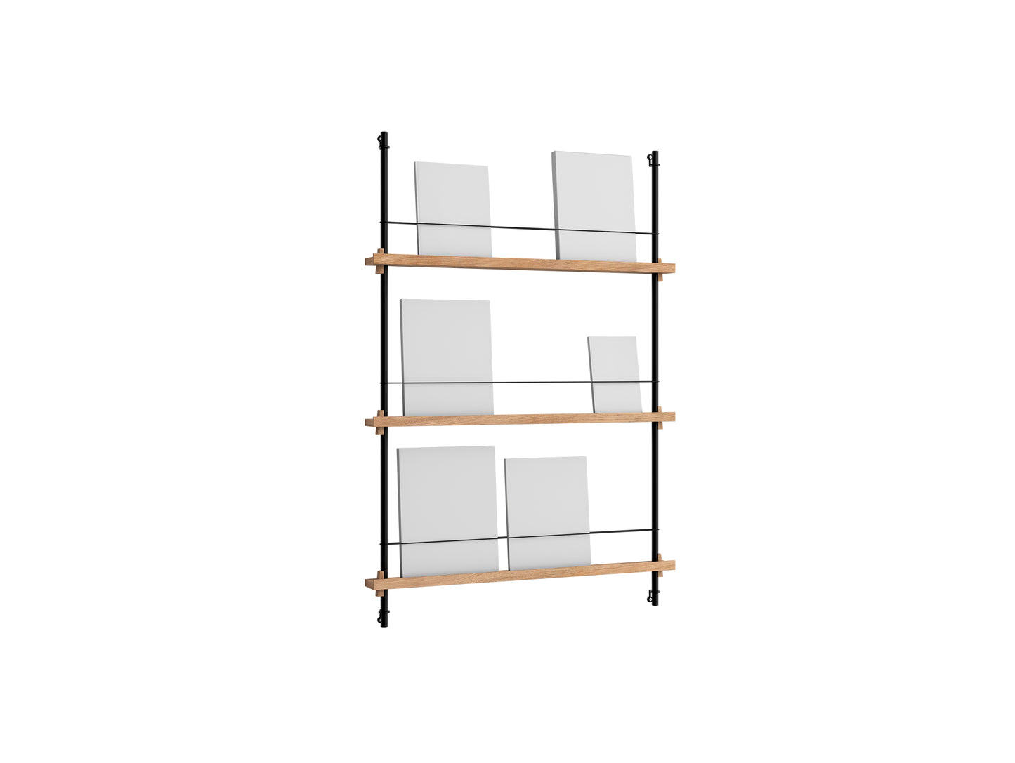 Magazine Shelving Sets (115 cm) by Moebe - Black Uprights / Oak
