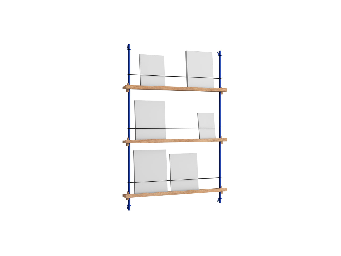 Magazine Shelving Sets (115 cm) by Moebe - Deep Blue Uprights / Oak