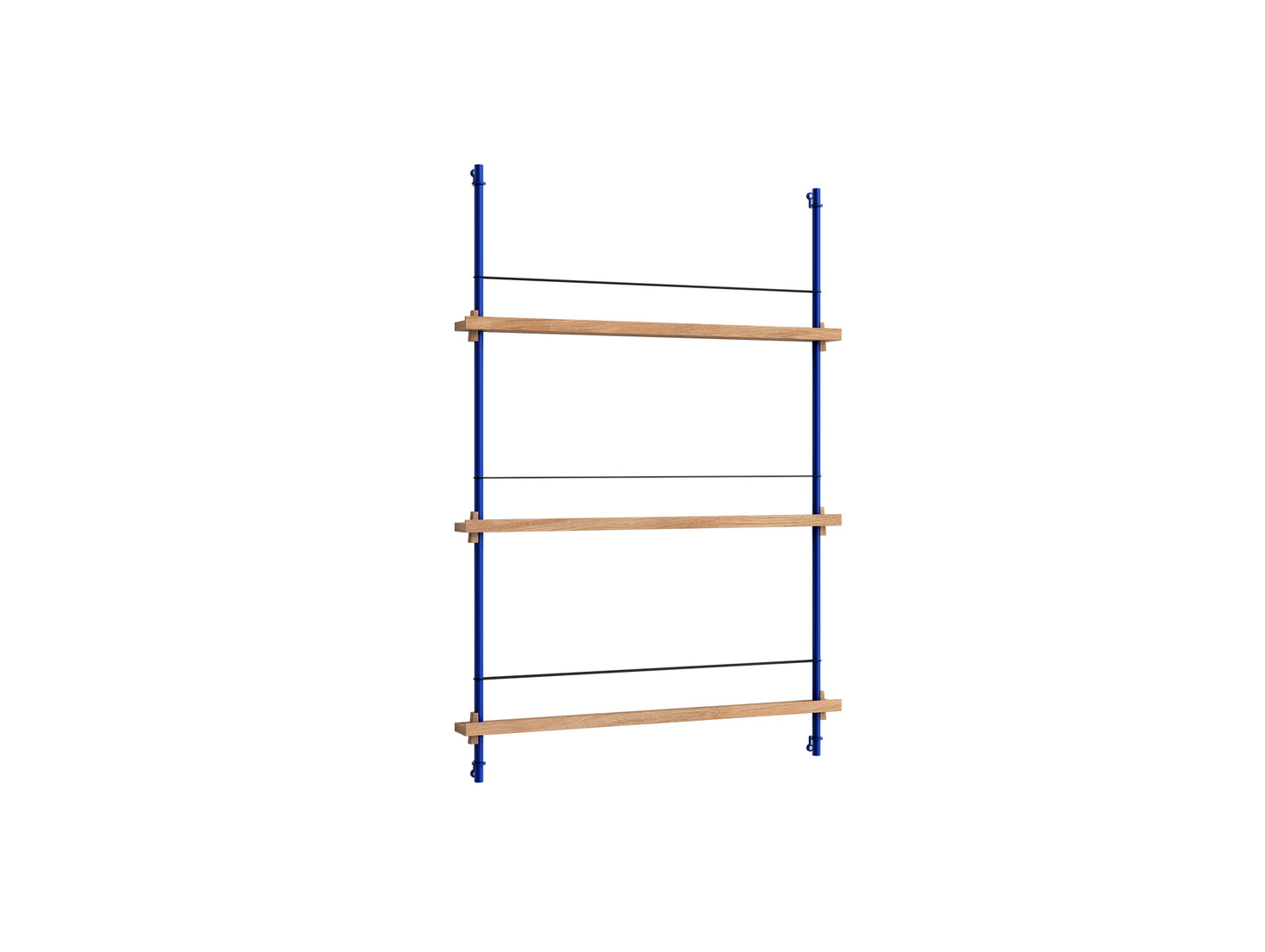 Magazine Shelving Sets (115 cm) by Moebe - Deep Blue Uprights / Oak