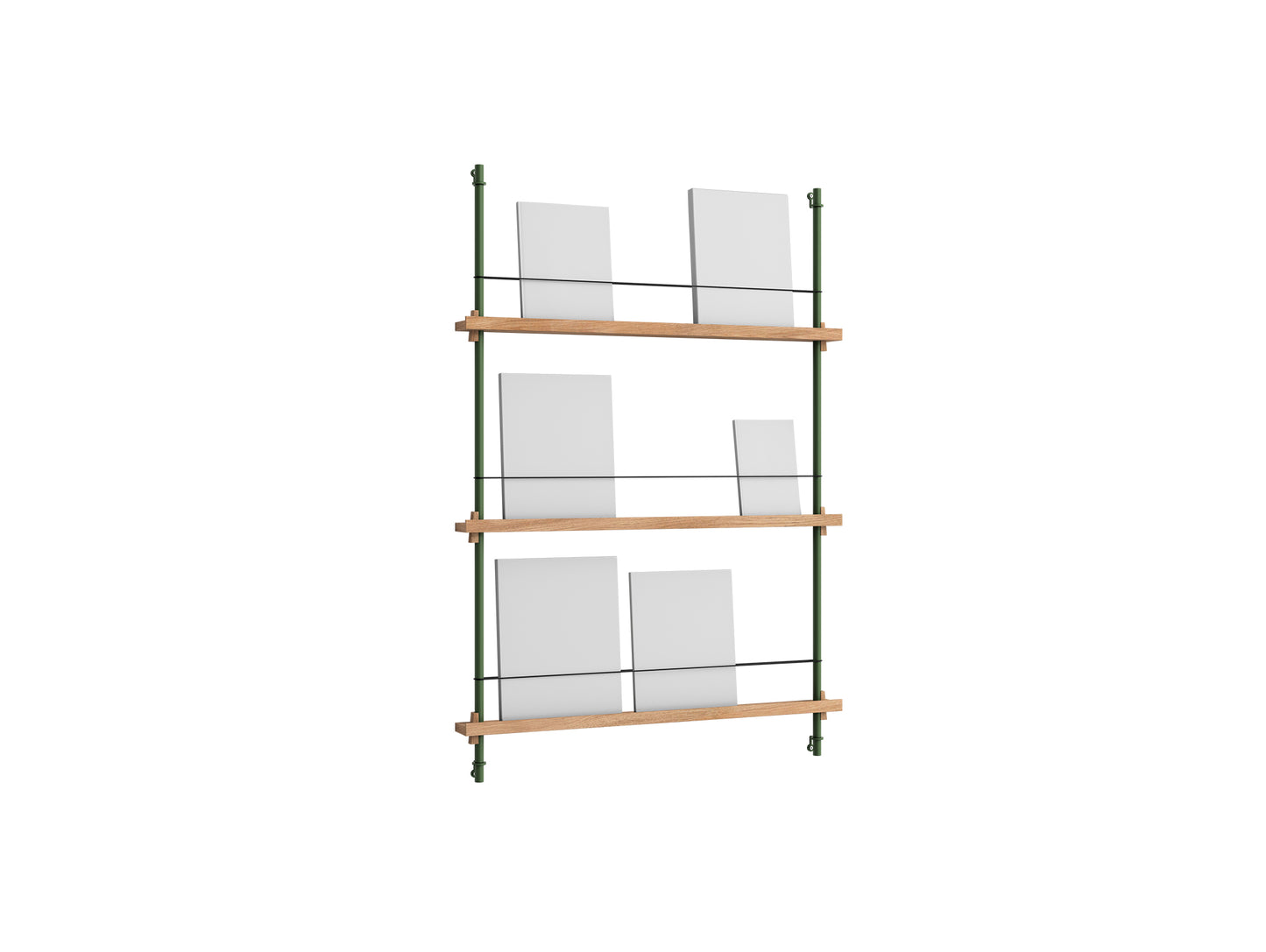 Magazine Shelving Sets (115 cm) by Moebe - Pine Green Uprights / Oak