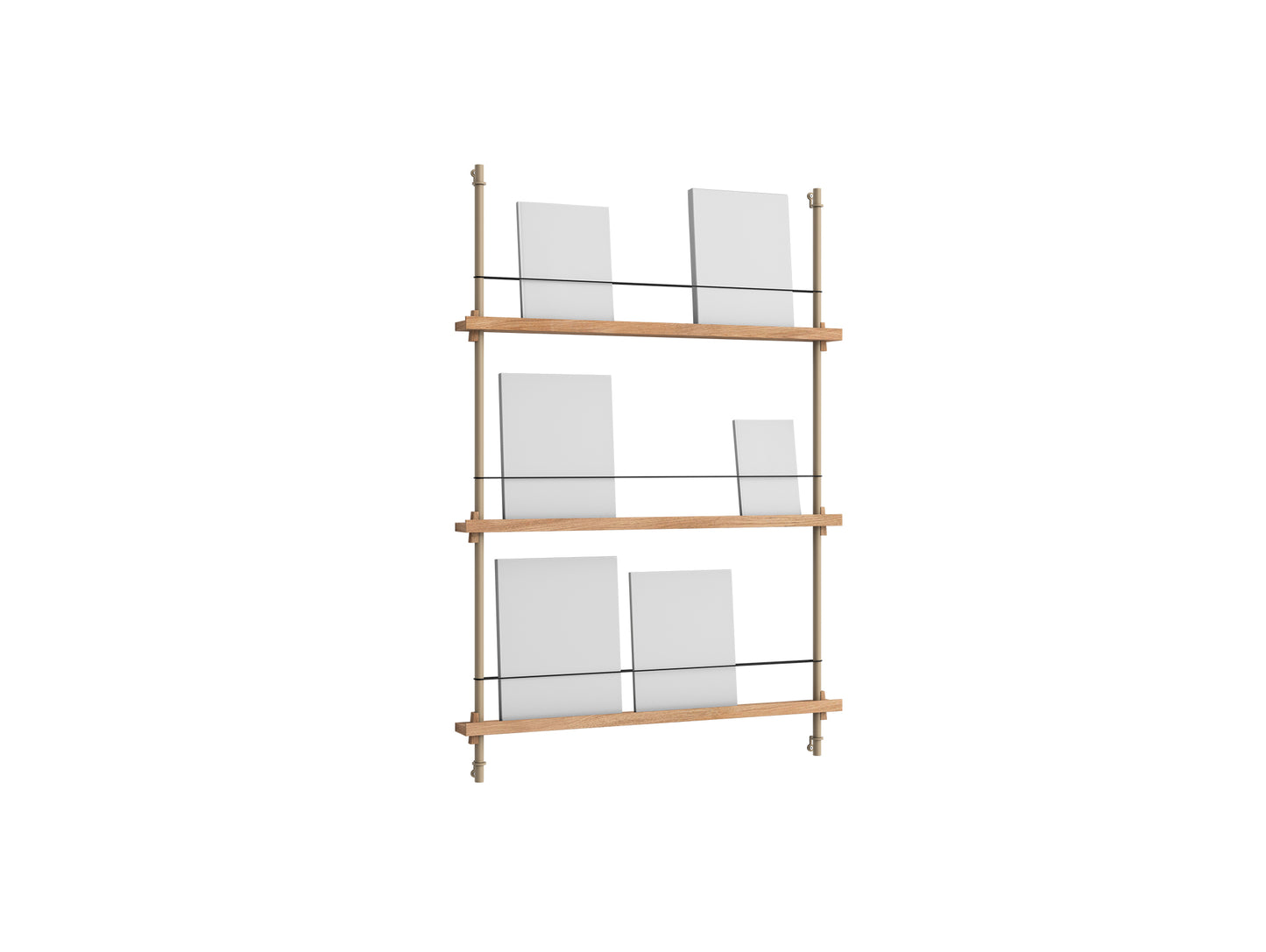 Magazine Shelving Sets (115 cm) by Moebe - Warm Grey Uprights / Oak