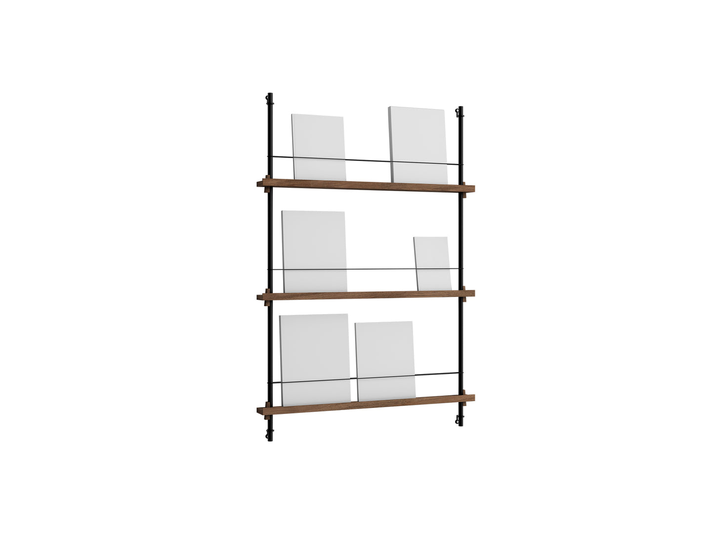 Magazine Shelving Sets (115 cm) by Moebe - Black Uprights / Smoked Oak
