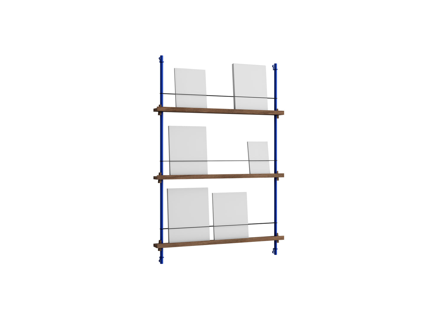 Magazine Shelving Sets (115 cm) by Moebe - Deep Blue Uprights / Smoked Oak
