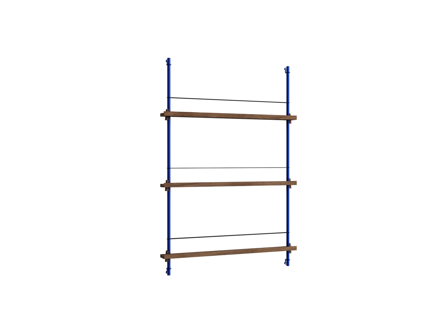 Magazine Shelving Sets (115 cm) by Moebe - Deep Blue Uprights / Smoked Oak