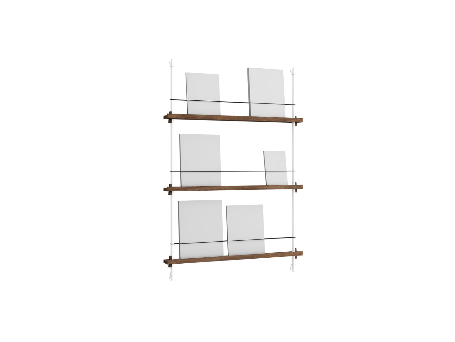 Magazine Shelving Sets (115 cm) by Moebe - White Uprights / Smoked Oak