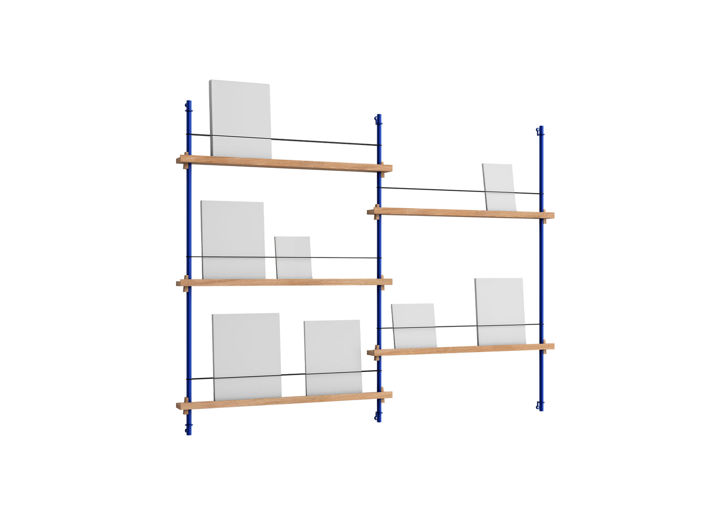 Magazine Shelving Sets (115 cm) by Moebe - MS 115.2 / Deep Blue Uprights / Oak