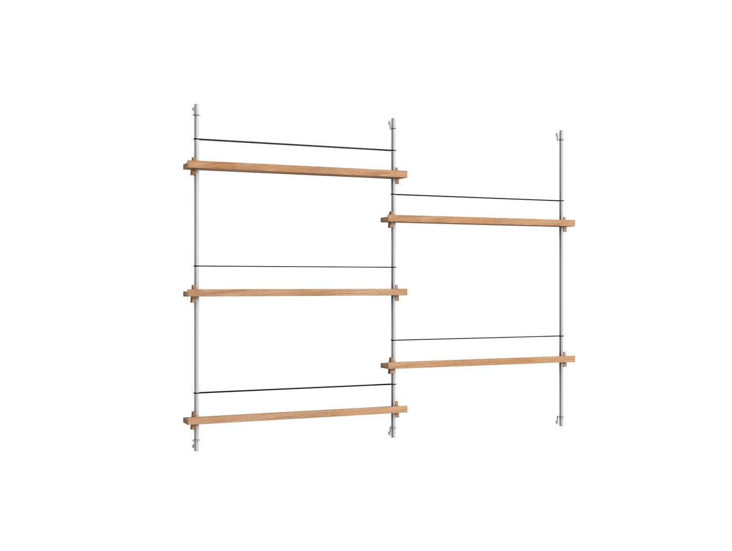 Magazine Shelving Sets (115 cm) by Moebe - MS.115.2 / Stainless Steel Uprights / Oiled Oak