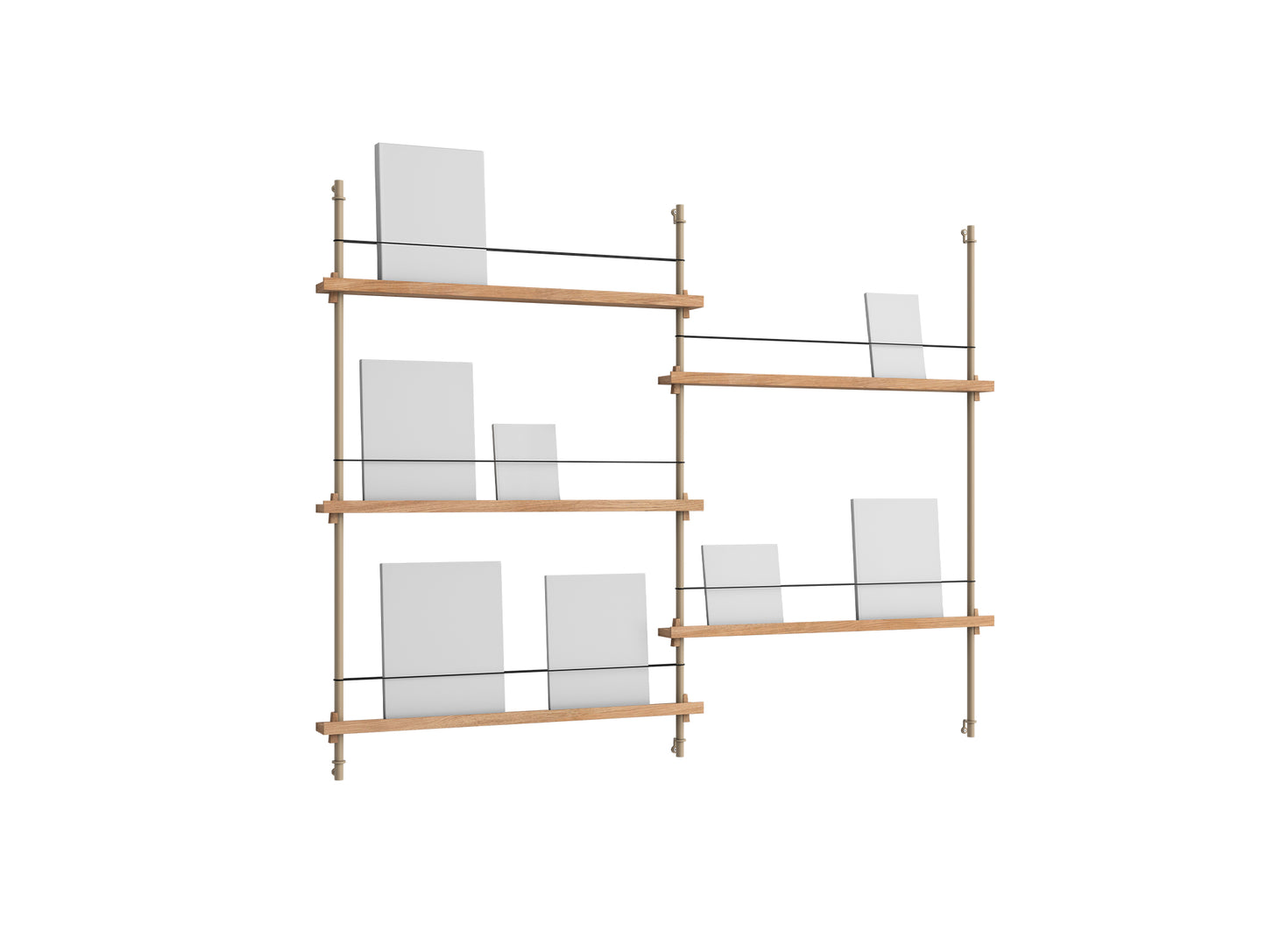 Magazine Shelving Sets (115 cm) by Moebe - MS 115.2 / Warm Grey Uprights / Oak