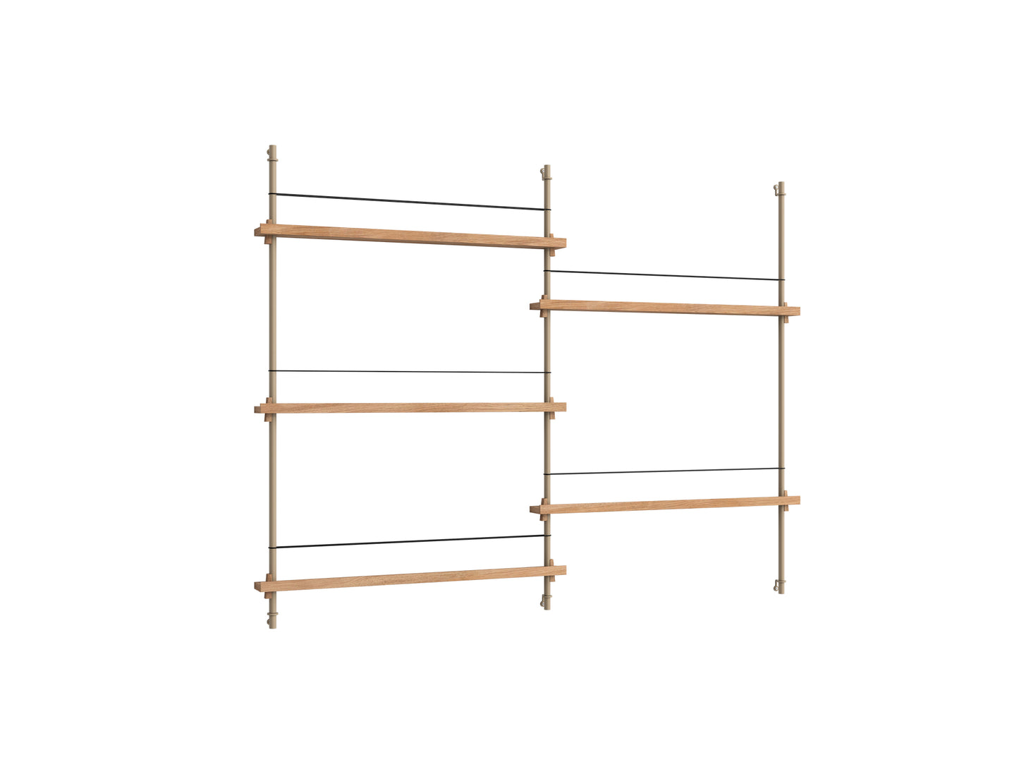 Magazine Shelving Sets (115 cm) by Moebe - MS 115.2 / Warm Grey Uprights / Oak