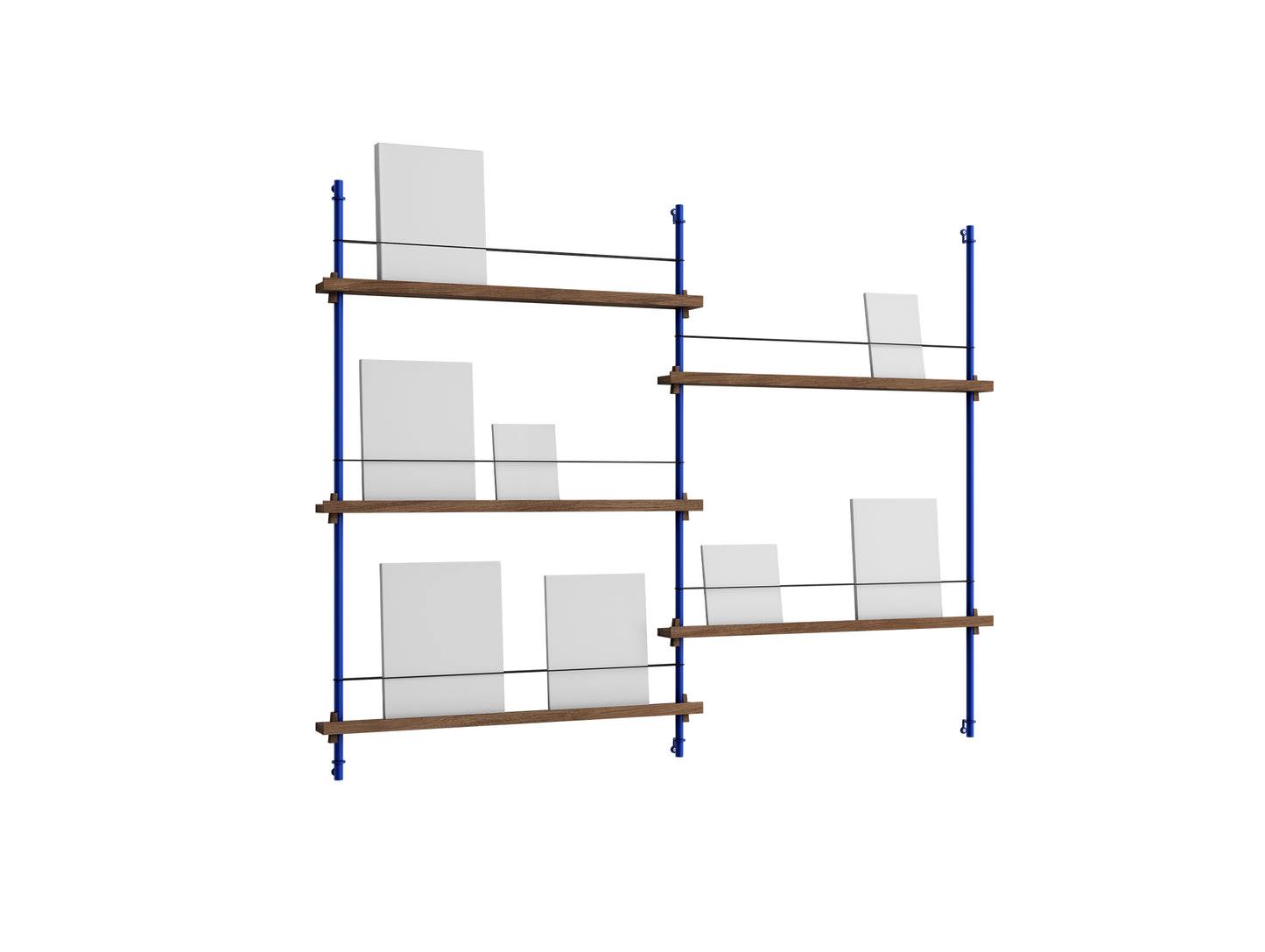 Magazine Shelving Sets (115 cm) by Moebe - MS 115.2 / Deep Blue Uprights / Smoked Oak
