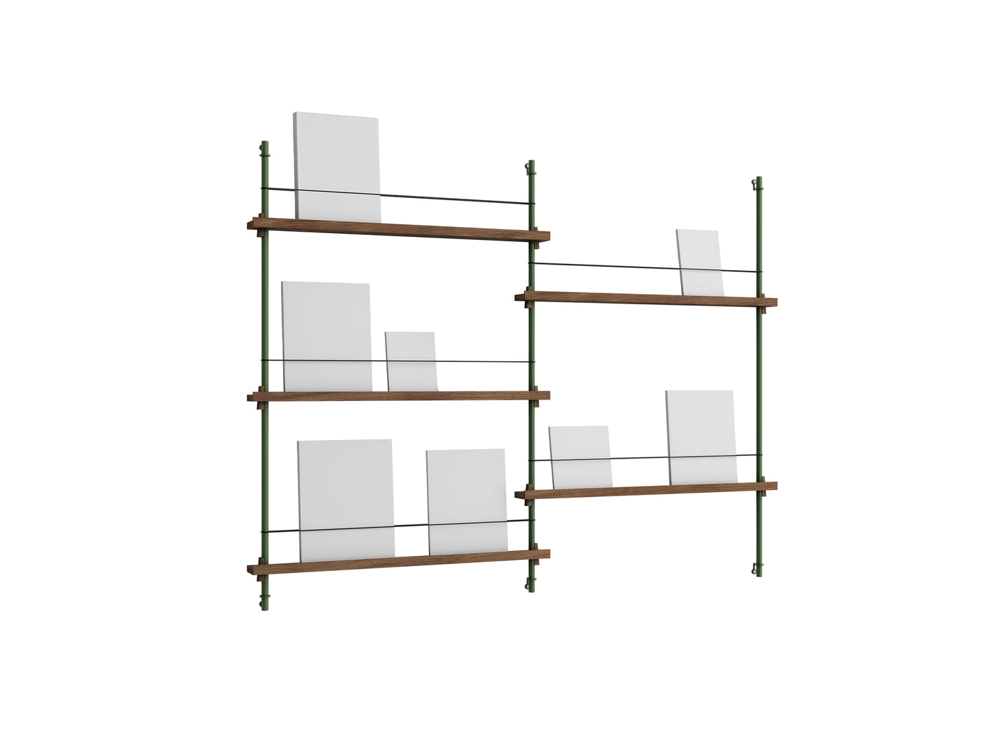 Magazine Shelving Sets (115 cm) by Moebe - MS 115.2 / Pine Green Uprights / Smoked Oak