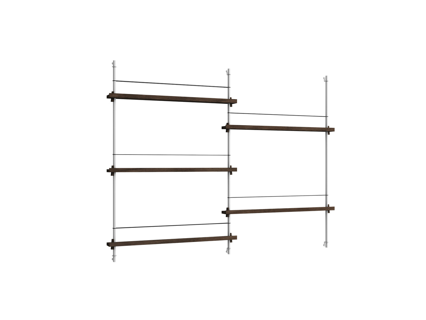 Magazine Shelving Sets (115 cm) by Moebe - MS.115.2 / Stainless Steel Uprights / Smoked Oak