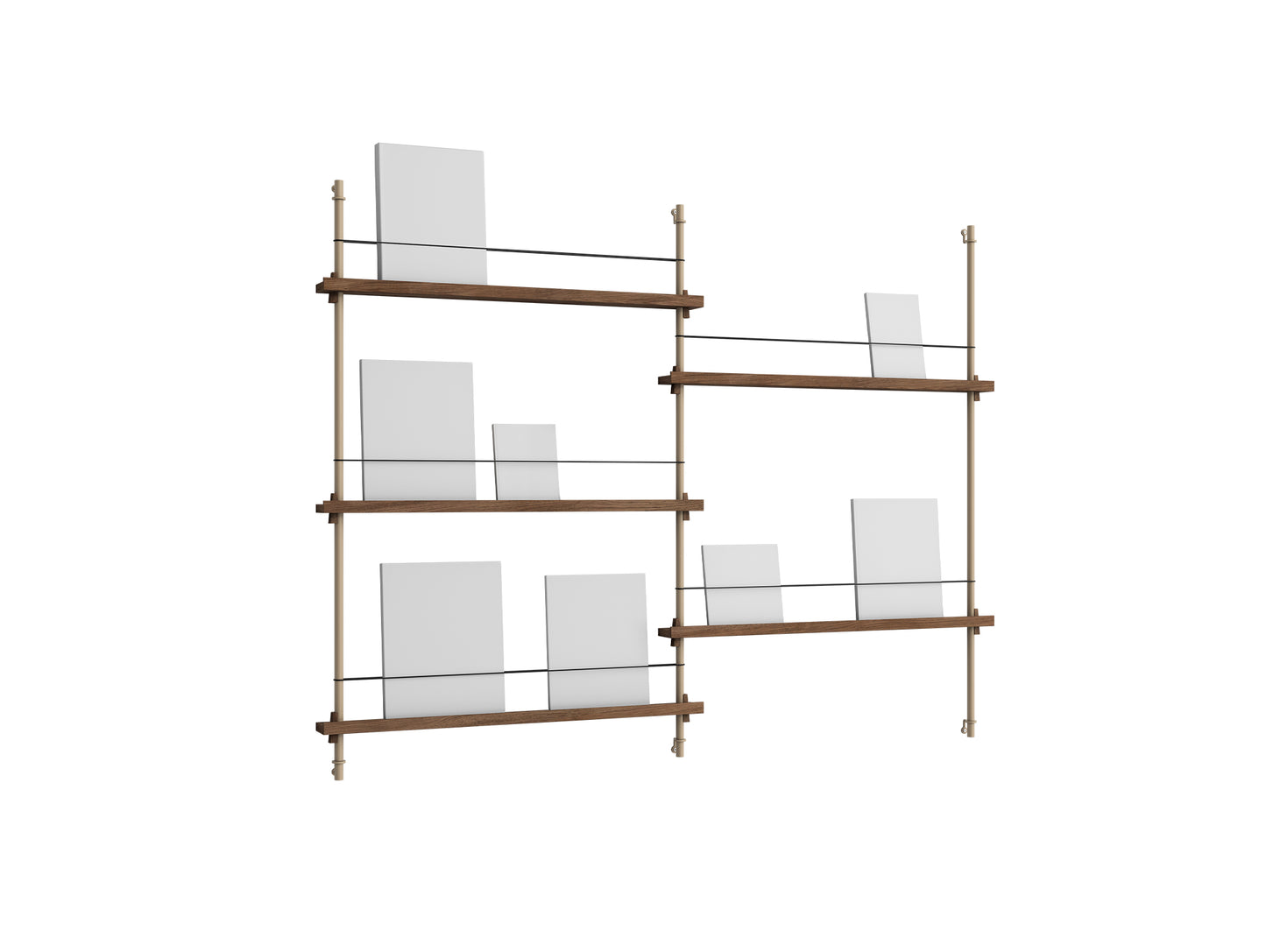 Magazine Shelving Sets (115 cm) by Moebe - MS 115.2 / Warm Grey Uprights / Smoked Oak