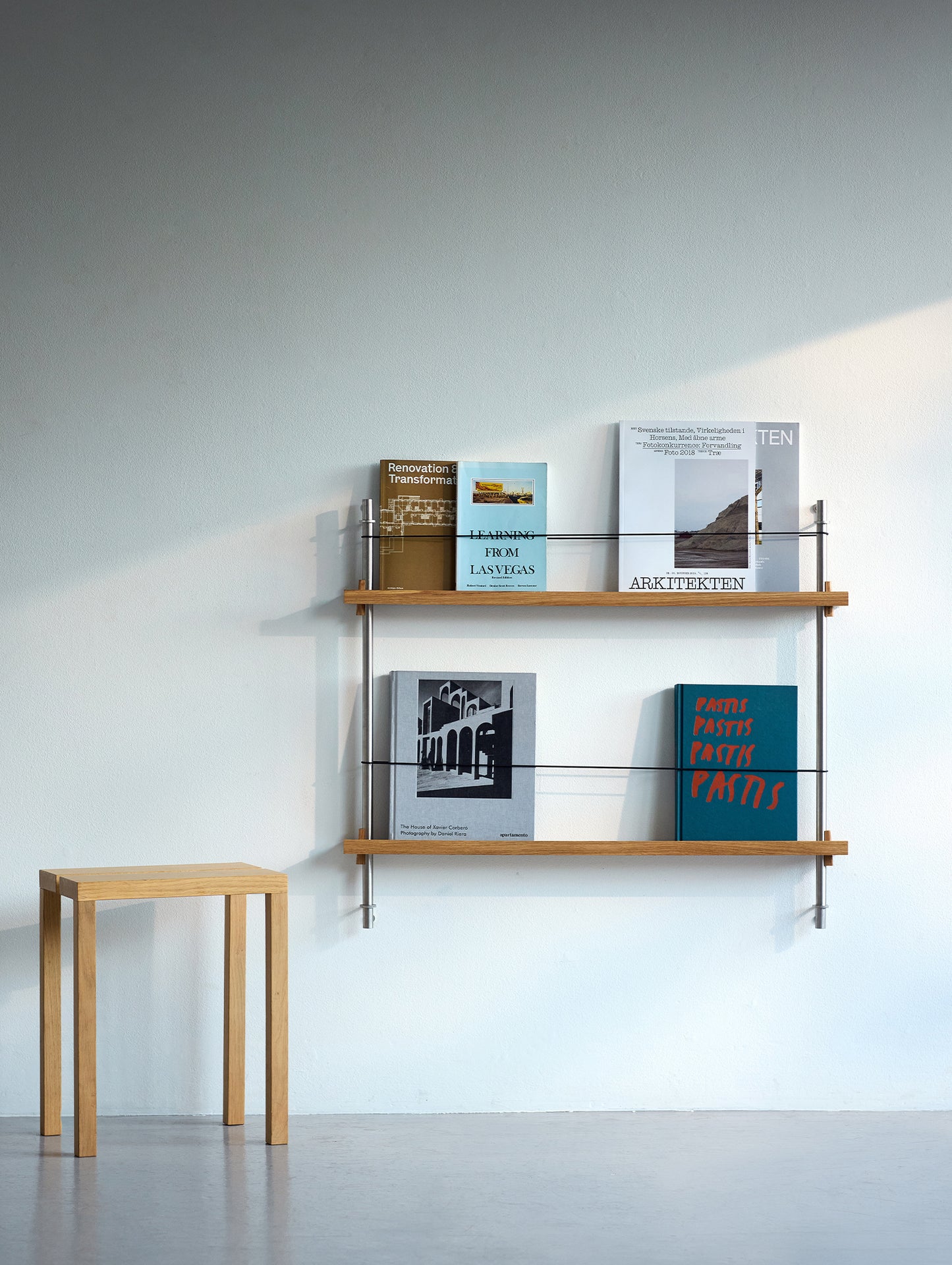 Magazine Shelving Sets (65 cm) by Moebe - Stainless Steel Uprights / Oiled Oak