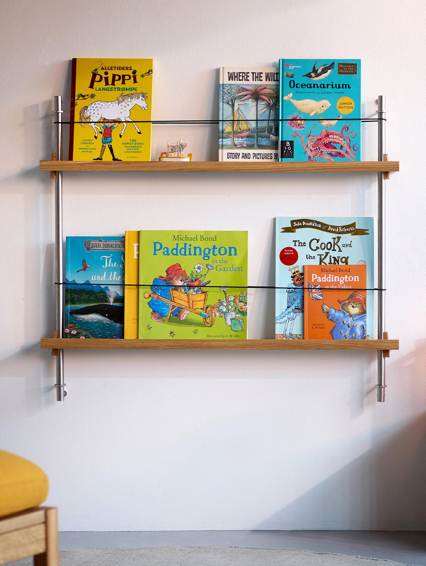 Magazine Shelving Sets (65 cm) by Moebe - Stainless Steel Uprights / Oiled Oak