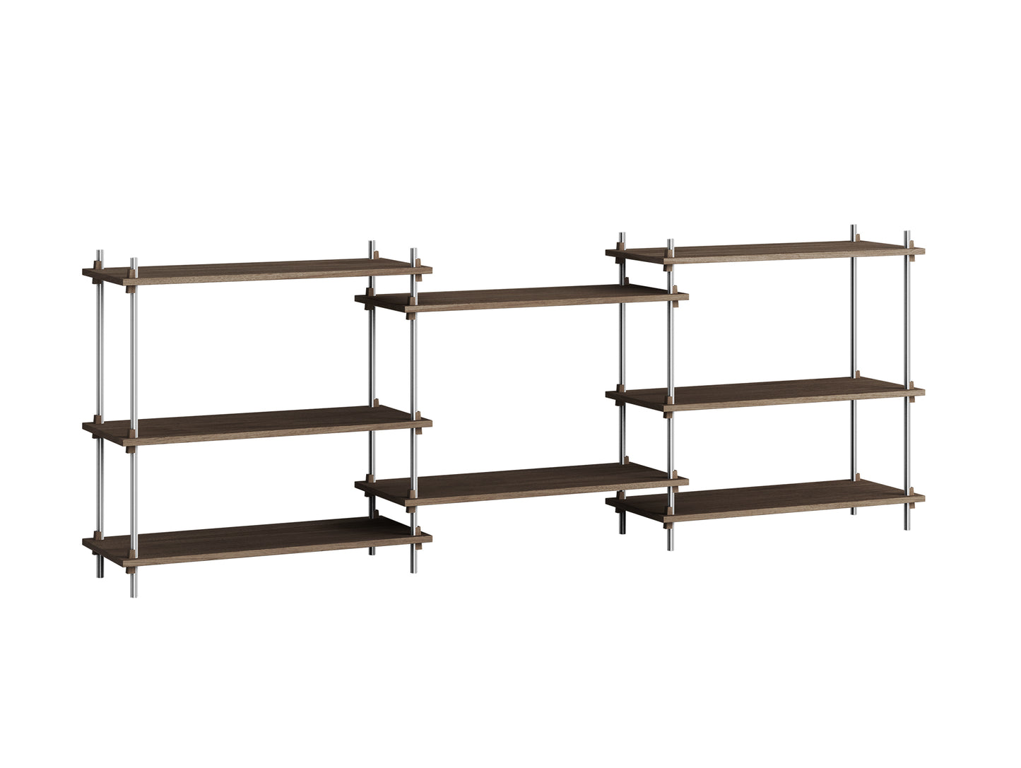 Shelving System Sets (85 cm) by Moebe - S.85.3.A / Stainless Steel Uprights / Smoked Oak