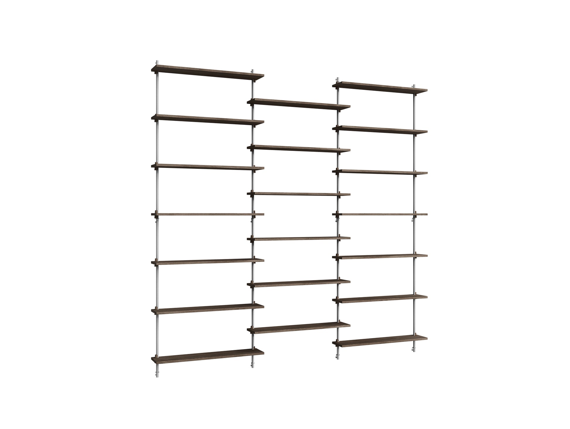 Wall Shelving System Sets (230 cm) by Moebe - WS.230.3 / Stainless Steel Uprights / Smoked Oak