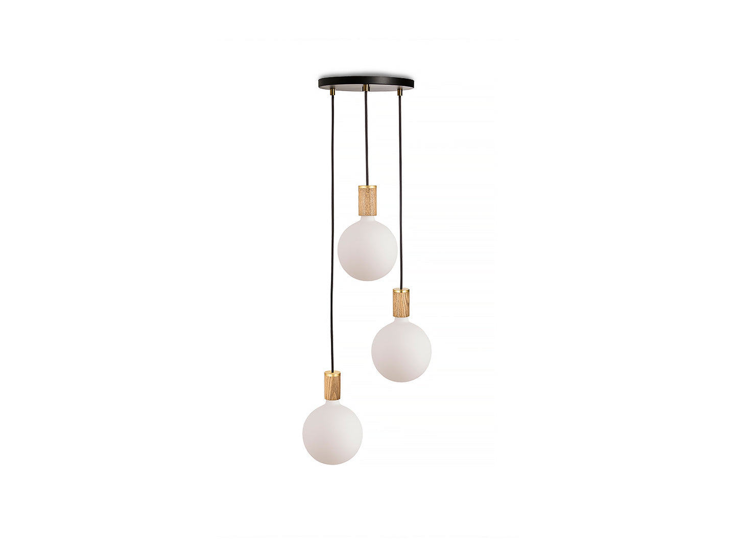 Triple Pendant with Sphere IV by Tala / Black Canopy / Brass Grip with Oak Pendants
