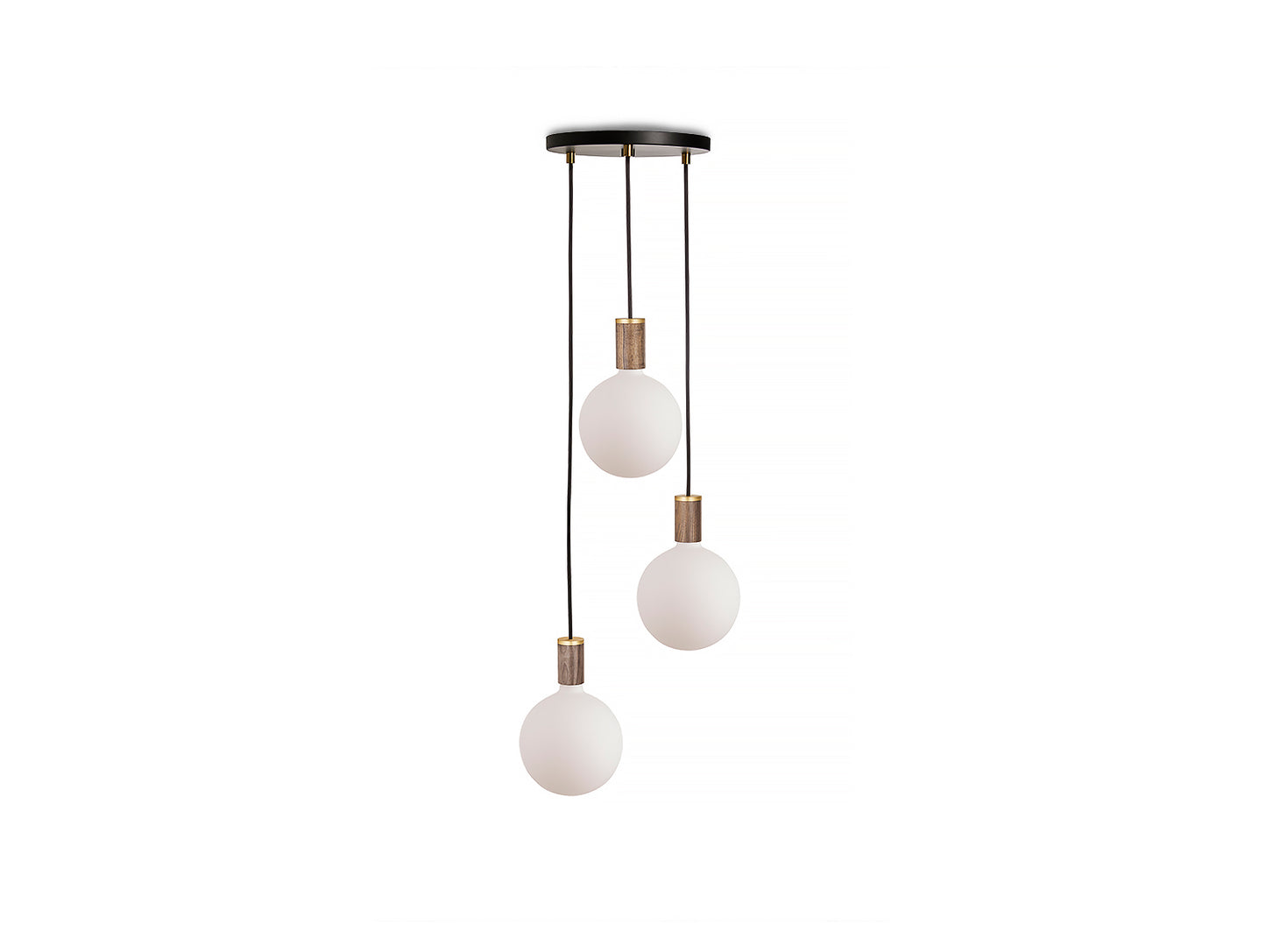 Triple Pendant with Sphere IV by Tala / Black Canopy / Brass Grip with Walnut Pendants