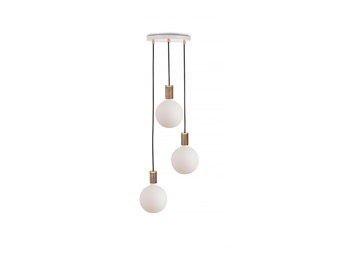 Triple Pendant with Sphere IV by Tala / White Canopy / Brass Grip with Walnut Pendants