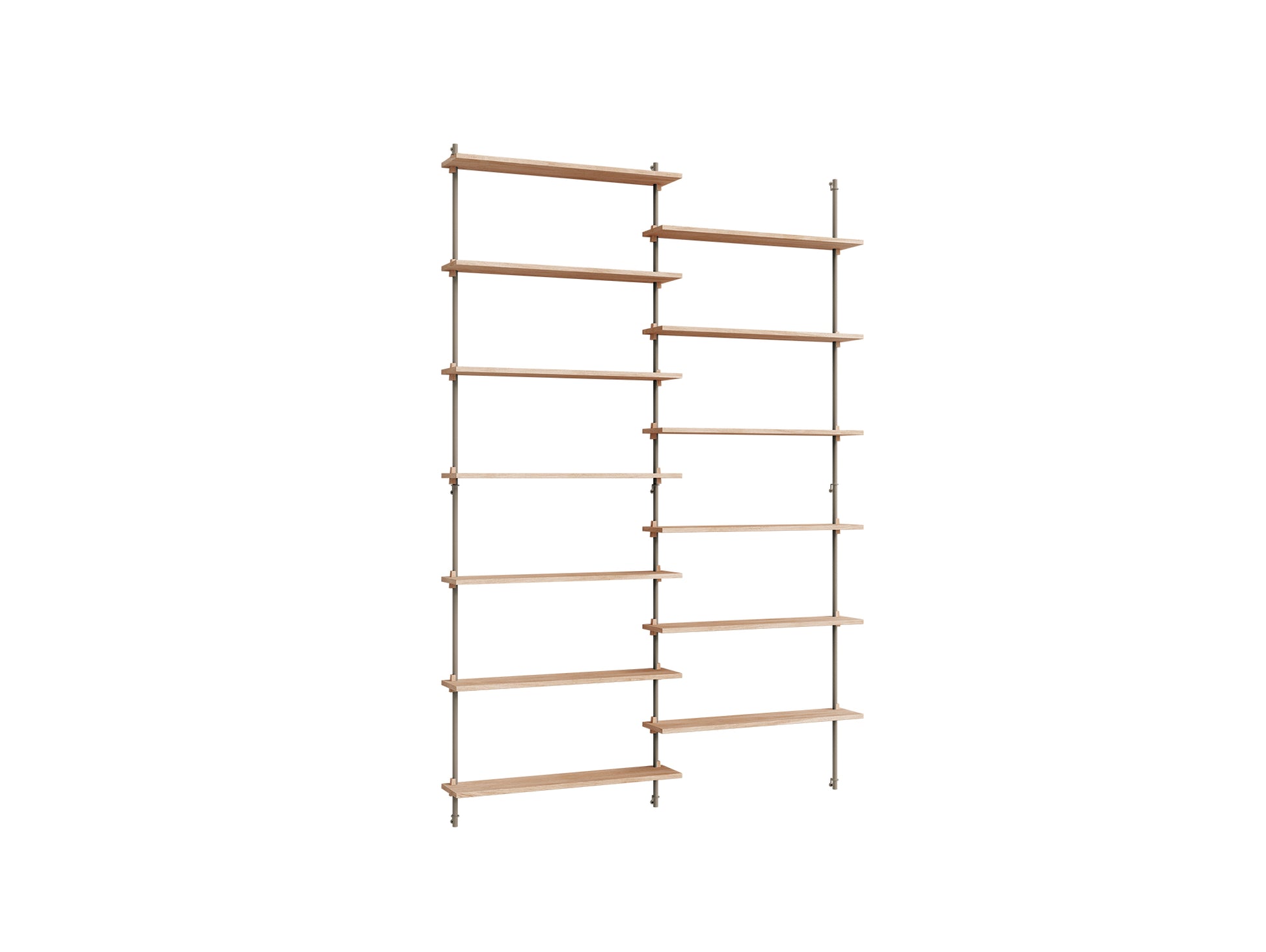 Wall Shelving System Sets (230 cm) by Moebe - WS.230.2 / Warm Grey Uprights / Oiled Oak