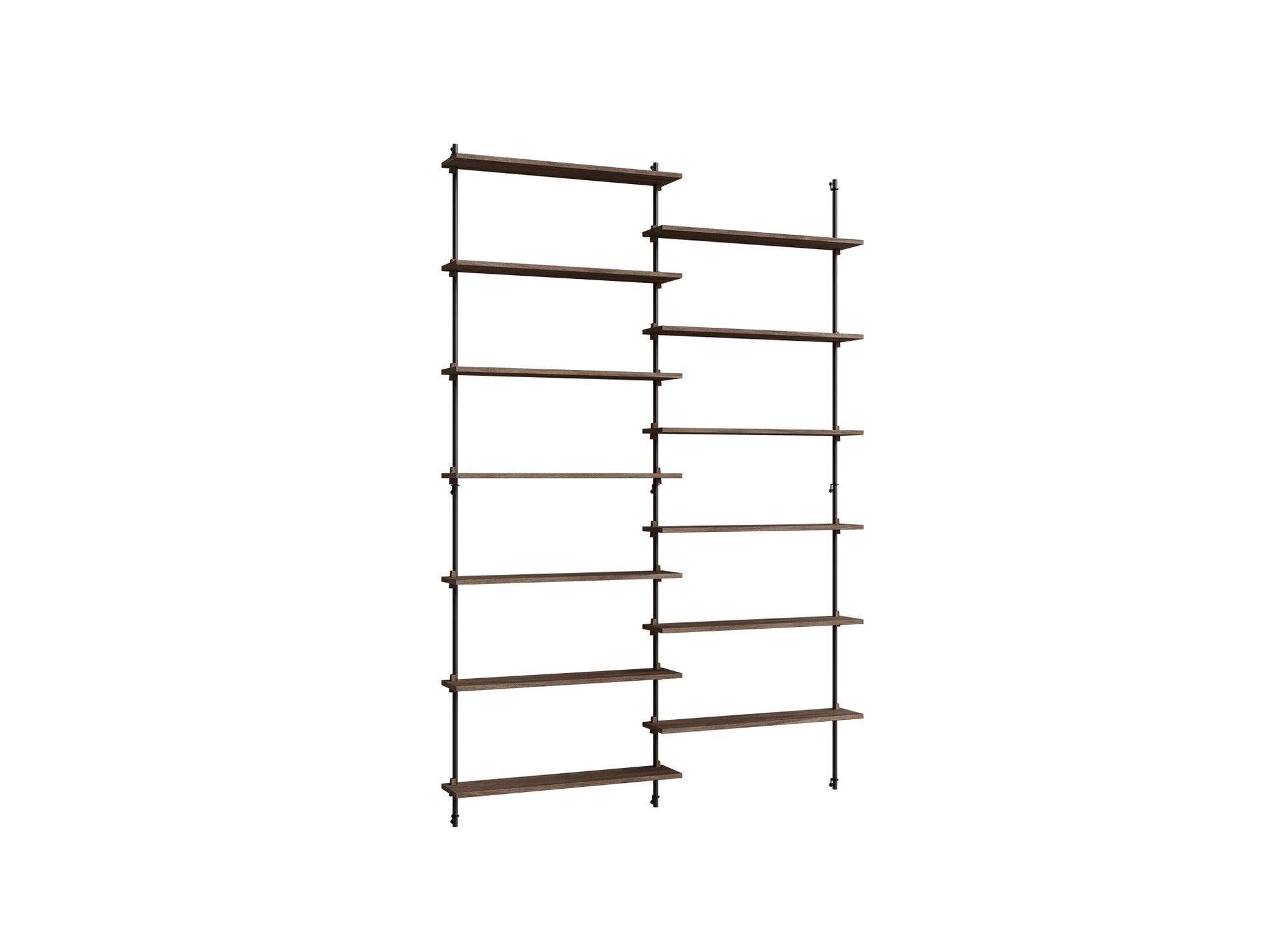 Wall Shelving System Sets (230 cm) by Moebe - WS.230.2 / Black Uprights / Smoked Oak