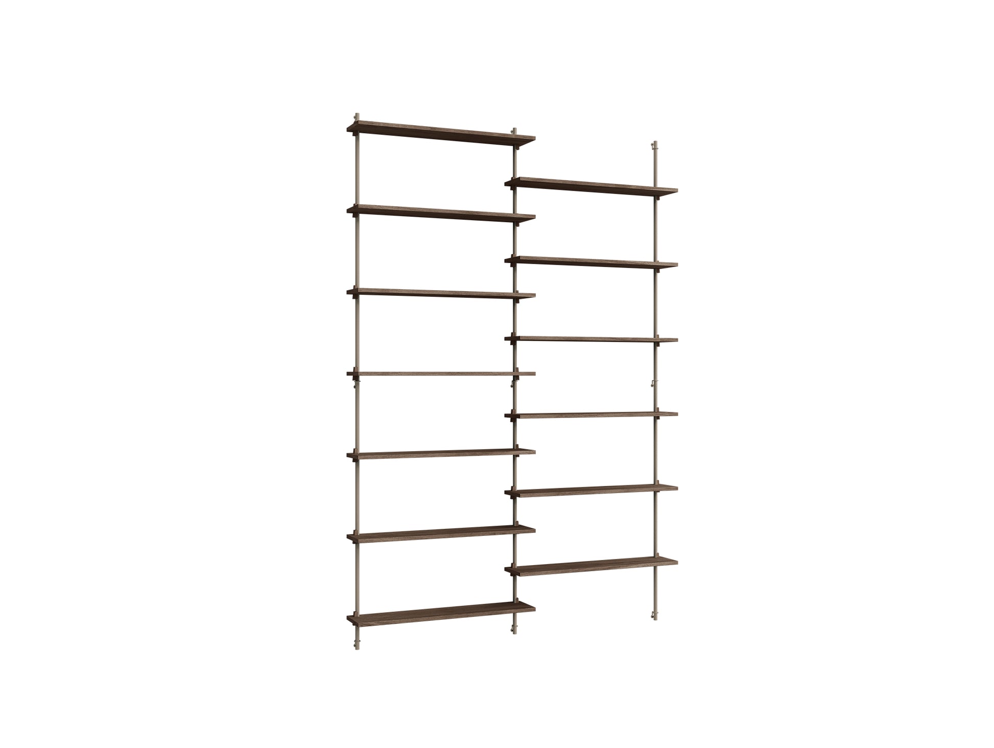 Wall Shelving System Sets (230 cm) by Moebe - WS.230.2 / Warm Grey Uprights / Smoked Oak