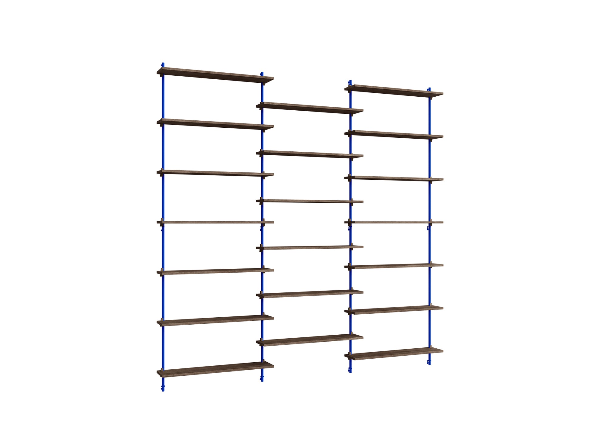 Wall Shelving System Sets (230 cm) by Moebe - WS.230.3 / Deep Blue Uprights / Smoked Oak