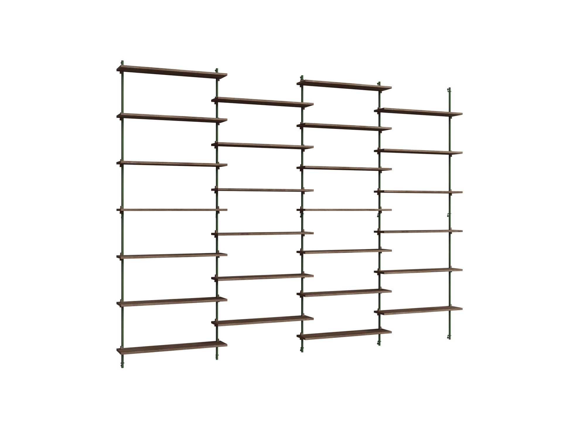 Wall Shelving System Sets (230 cm) by Moebe - WS.230.4 / Pine Green Uprights / Smoked Oak