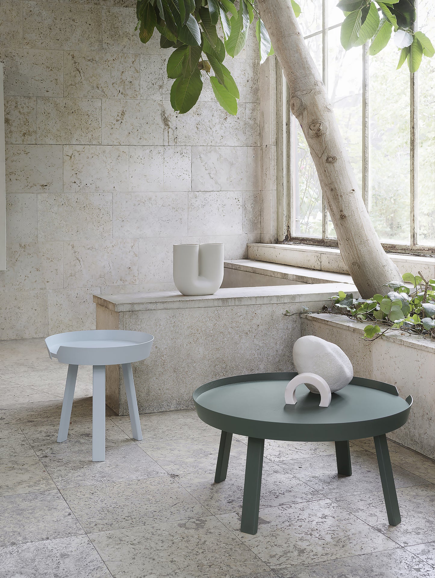 Muuto Around Table - Small in Light Blue Ash, Large in Dark Green