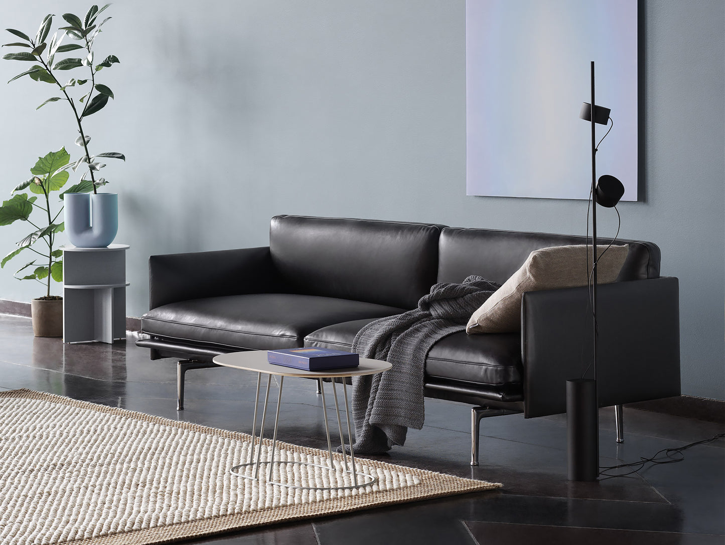 Outline Sofa by Muuto - Three Seater, Black Silk Leather, Polished Aluminium Legs