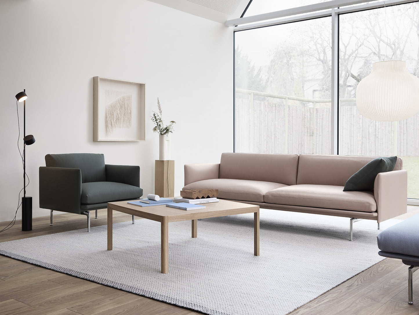 Outline Sofa by Muuto - Three Seater, Beige Silk Leather and 1-Seater in Twill Weave 990