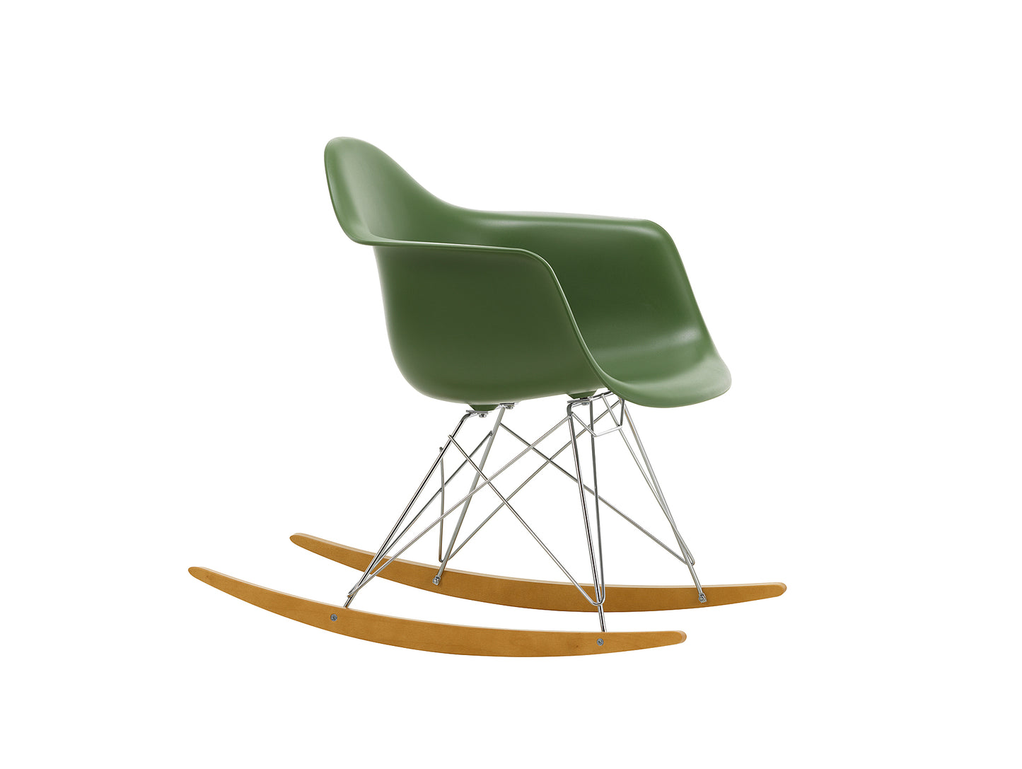 Eames RAR Plastic Armchair in Forest with Chrome Base and Golden Maple Rockers by Vitra