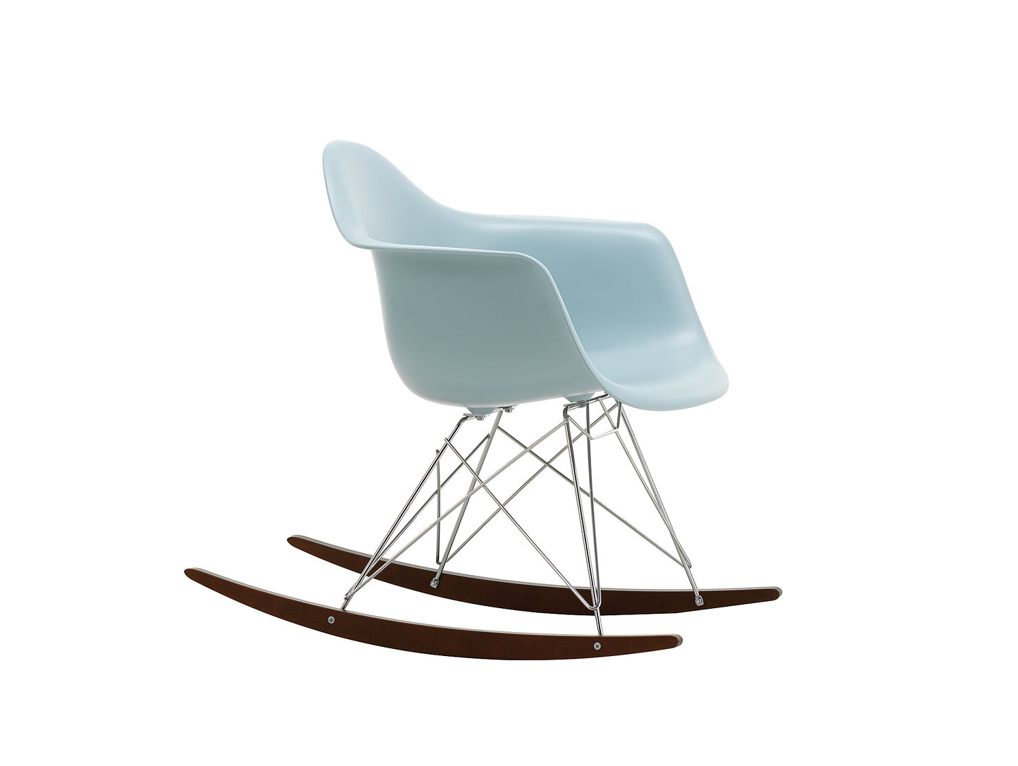 Eames RAR Plastic Armchair in Ice Grey with Chrome Base and Dark Maple Rockers by Vitra