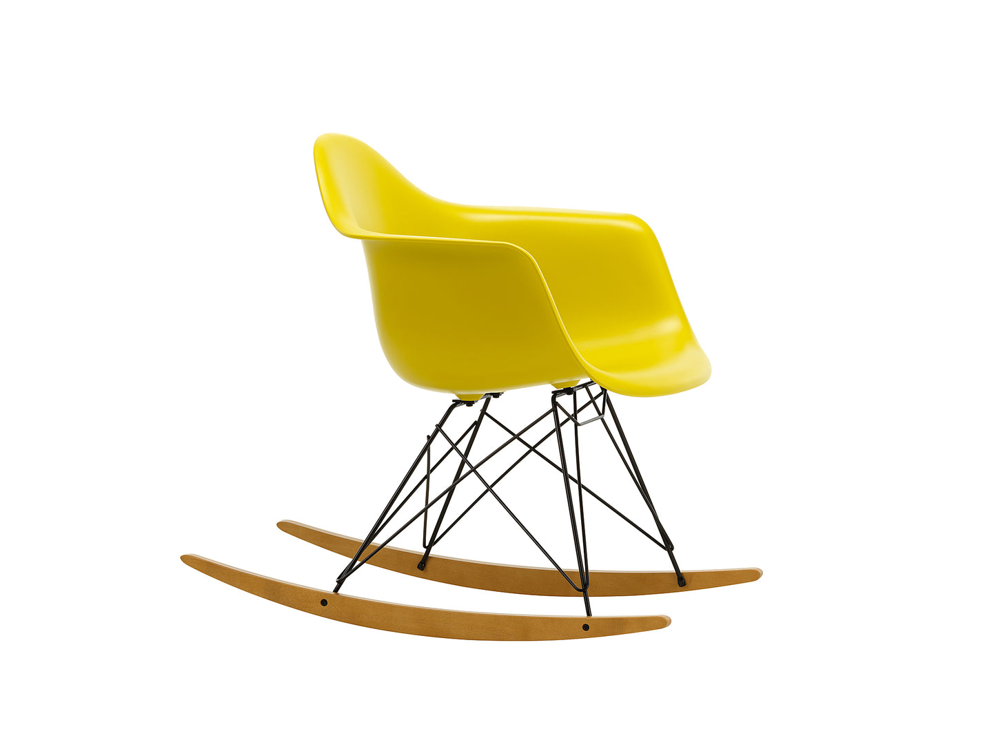 Eames RAR Plastic Armchair in Mustard with Basic Dark Base and Golden Maple Rockers by Vitra