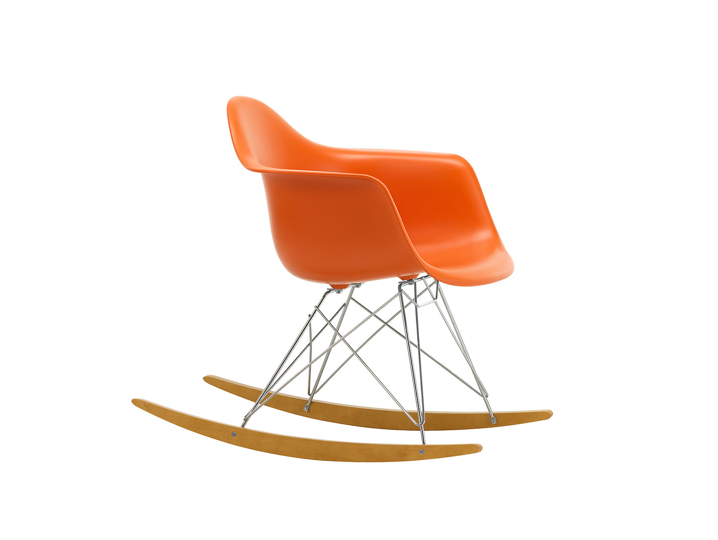 Eames RAR Plastic Armchair in Rusty Orange with Chrome Base and Golden Maple Rockers by Vitra