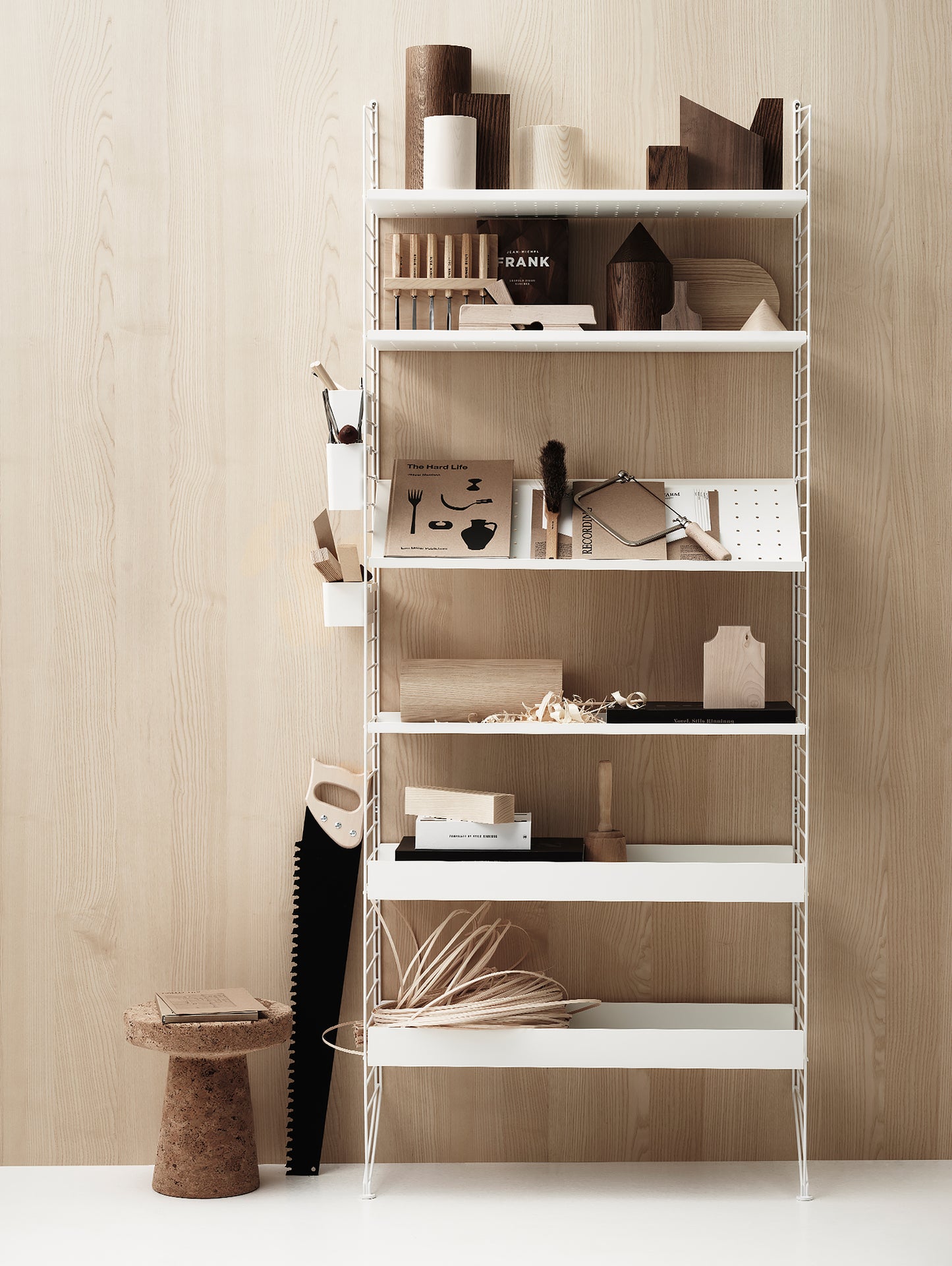 String White Metal shelf arrangement with Ash fold-out desk.