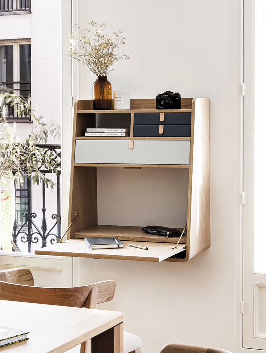 Gaston Writing Desk by Hartô - Width: 60 cm, Oak / Light Grey / Slate Grey